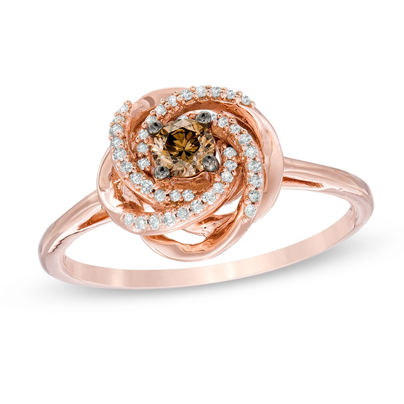 Main Image 1 of 1/4 CT. T.W. Champagne and White Diamond Orbit Ring in 10K Rose Gold