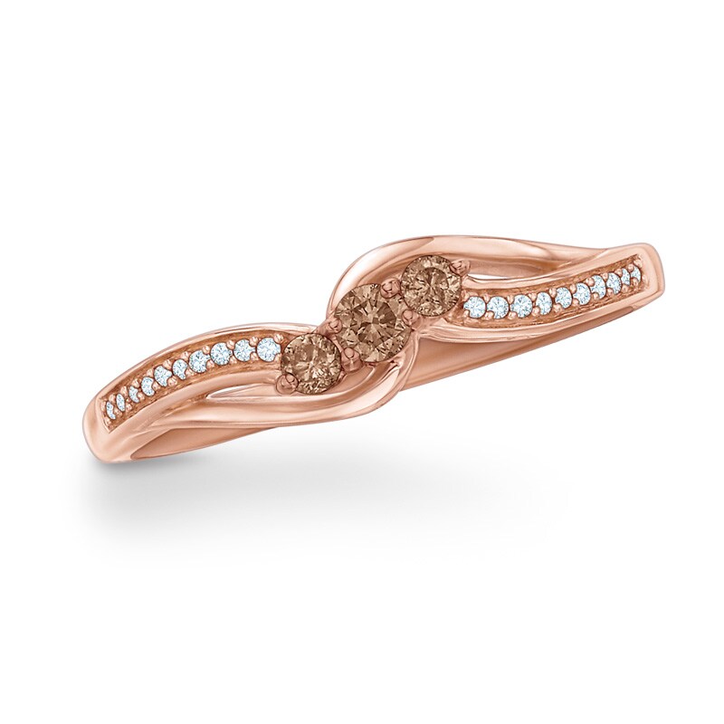 Main Image 1 of 1/5 CT. T.W. Champagne and White Diamond Three Stone Promise Ring in 10K Rose Gold