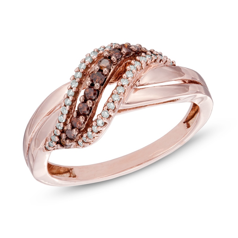 1/4 CT. T.W. Enhanced Cognac and White Diamond Rolling Wave Ring in 10K Rose Gold