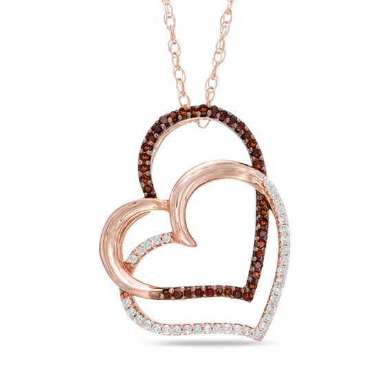 1/6 CT. T.w. Enhanced Cognac and White Diamond Tilted Double Heart Pendant in 10K Rose Gold