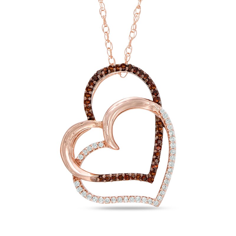 Main Image 1 of 1/6 CT. T.W. Enhanced Cognac and White Diamond Tilted Double Heart Pendant in 10K Rose Gold