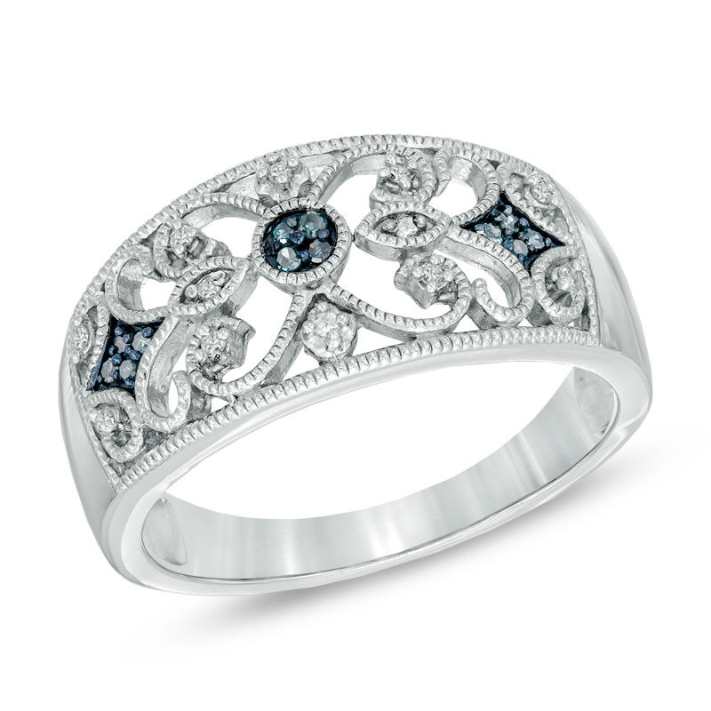 Main Image 1 of 1/10 CT. T.W. Enhanced Blue and White Diamond Vintage-Style Band in Sterling Silver