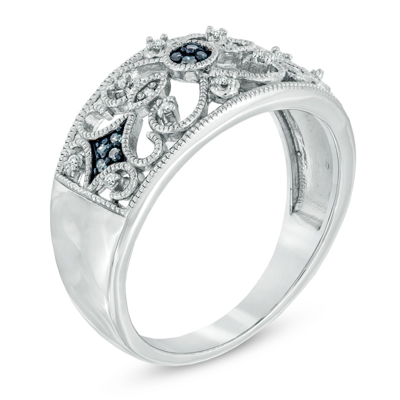 Main Image 2 of 1/10 CT. T.W. Enhanced Blue and White Diamond Vintage-Style Band in Sterling Silver