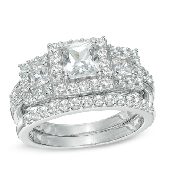 Princess-Cut Lab-Created White Sapphire Three Stone Frame Fashion Ring Set in Sterling Silver