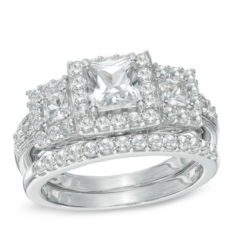 Main Image 1 of Princess-Cut Lab-Created White Sapphire Three Stone Frame Fashion Ring Set in Sterling Silver