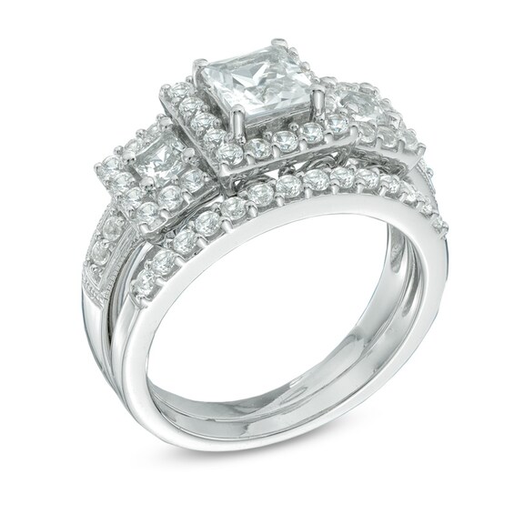 Princess-Cut Lab-Created White Sapphire Three Stone Frame Fashion Ring Set in Sterling Silver