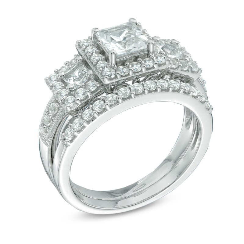 Main Image 2 of Princess-Cut Lab-Created White Sapphire Three Stone Frame Fashion Ring Set in Sterling Silver