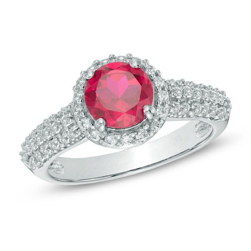 7.0mm Lab-Created Ruby and White Sapphire Vintage-Style Frame Ring in 10K White Gold