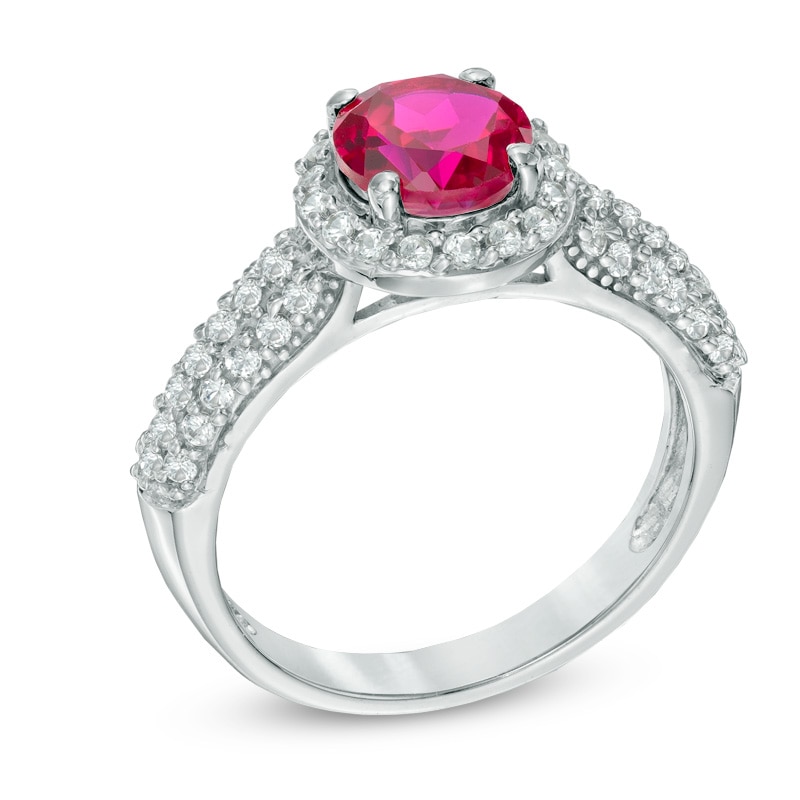 7.0mm Lab-Created Ruby and White Sapphire Vintage-Style Frame Ring in 10K White Gold