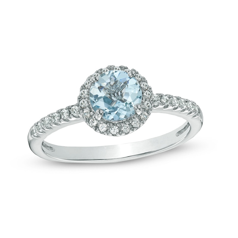 6.0mm Aquamarine and Lab-Created White Sapphire Frame Ring in 10K White Gold