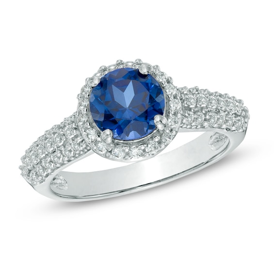 7.0mm Lab-Created Blue and White Sapphire Vintage-Style Frame Ring in 10K White Gold