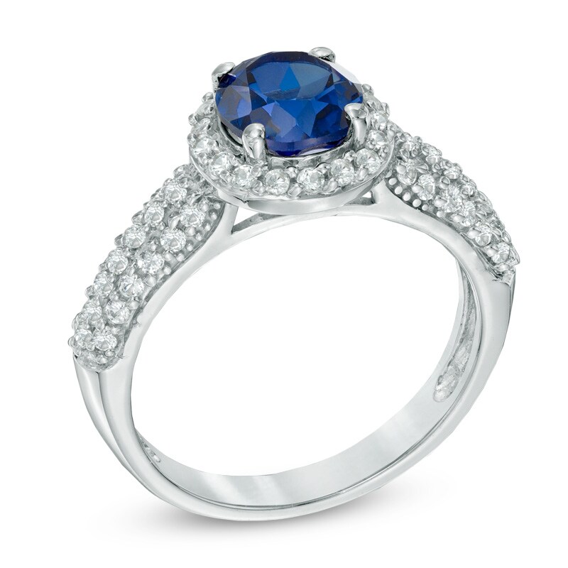 Main Image 2 of 7.0mm Lab-Created Blue and White Sapphire Vintage-Style Frame Ring in 10K White Gold