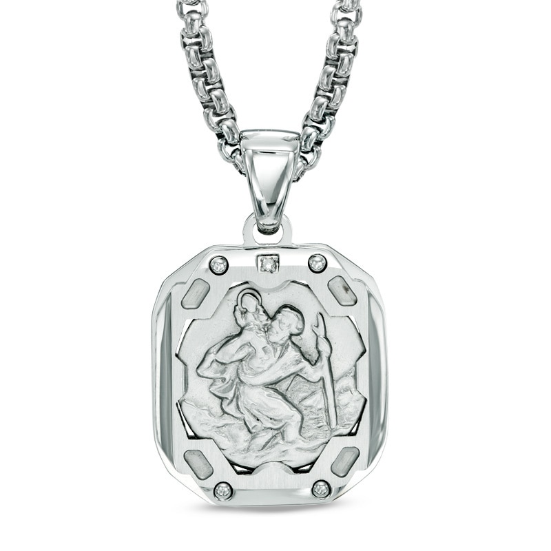 Main Image 1 of Men's Diamond Accent Saint Christopher Medal Pendant in Stainless Steel - 24"