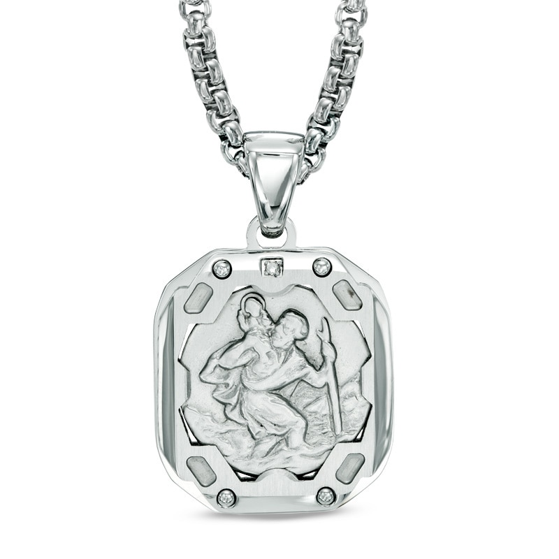 Men's Diamond Accent Saint Christopher Medal Pendant in Stainless Steel - 24"