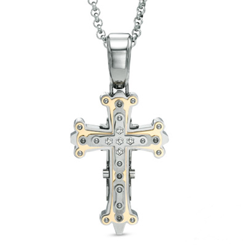 Main Image 1 of Men's Diamond Accent Tribal Cross Pendant in Two-Tone Stainless Steel - 24"