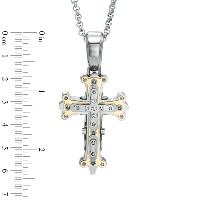 Main Image 3 of Men's Diamond Accent Tribal Cross Pendant in Two-Tone Stainless Steel - 24"