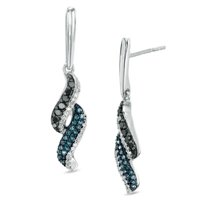 Main Image 1 of 1/3 CT. T.W. Enhanced Black, Blue and White Diamond Double Wave Drop Earrings in Sterling Silver