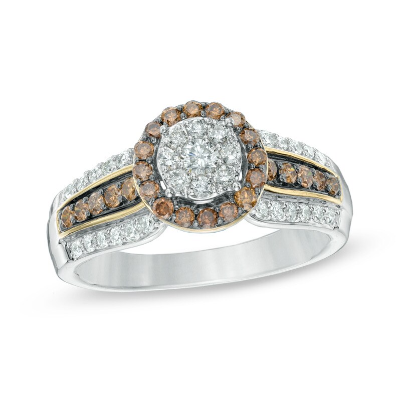 Main Image 1 of 7/8 CT. T.W. Champagne and White Diamond Cluster Frame Engagement Ring in 14K Two-Tone Gold