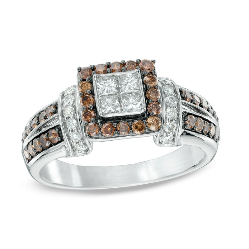 Main Image 1 of 1 CT. T.W. Champagne and White Diamond Frame Collar Ring in 14K White Gold
