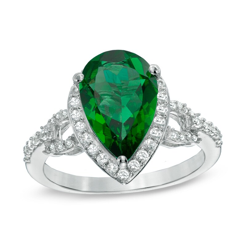Main Image 1 of Pear-Shaped Lab-Created Emerald and White Sapphire Buckle Ring in Sterling Silver with Diamond Accents