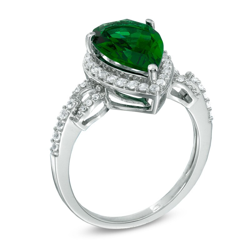 Main Image 2 of Pear-Shaped Lab-Created Emerald and White Sapphire Buckle Ring in Sterling Silver with Diamond Accents