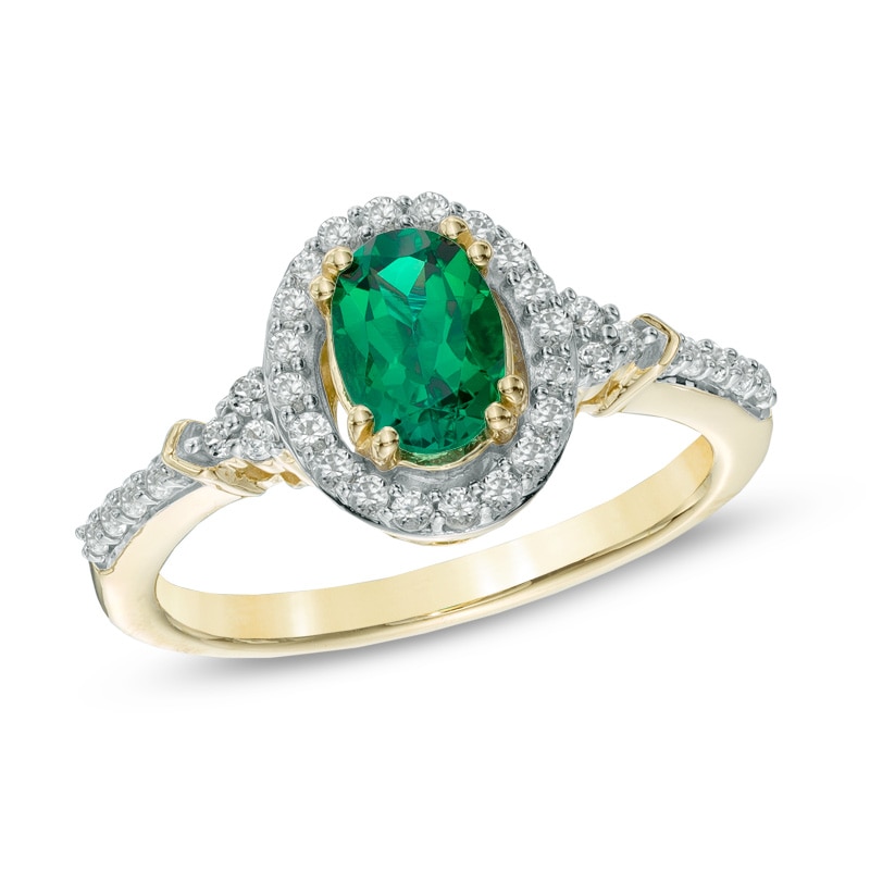 Main Image 1 of Oval Lab-Created Emerald and White Sapphire Frame Ring in 10K Gold