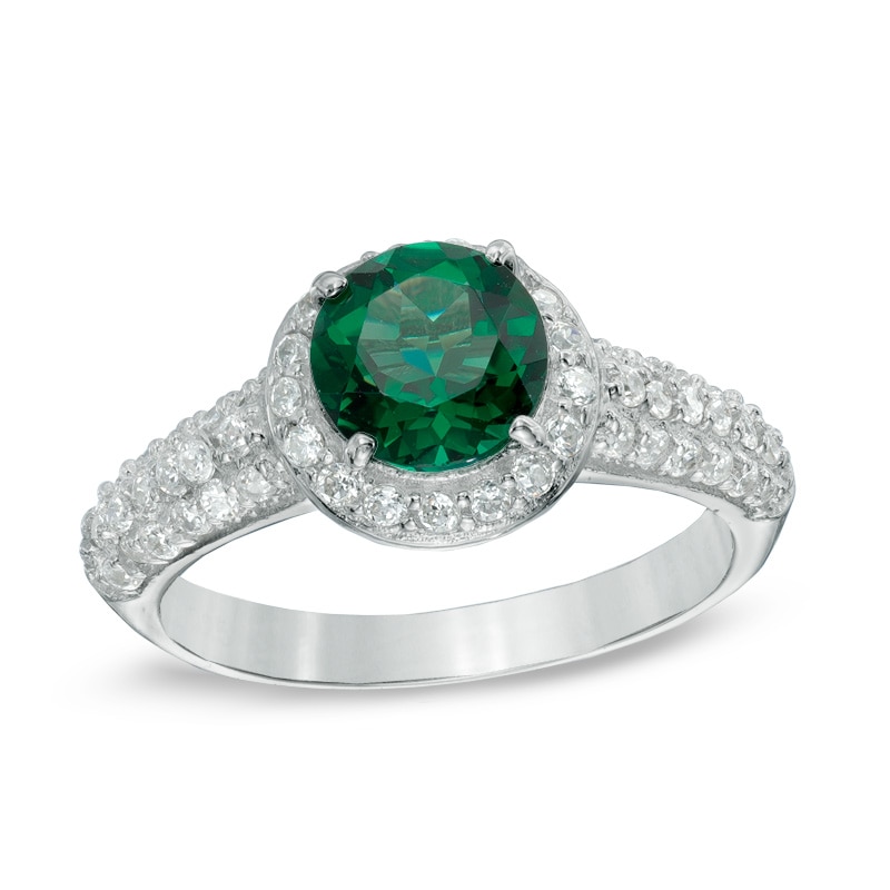 Main Image 1 of 7.0mm Lab-Created Emerald and White Sapphire Vintage-Style Frame Ring in 10K White Gold