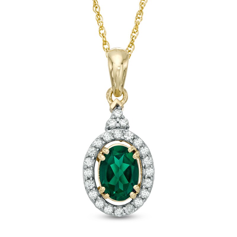 Main Image 1 of Oval Lab-Created Emerald and White Sapphire Frame Pendant in 10K Gold