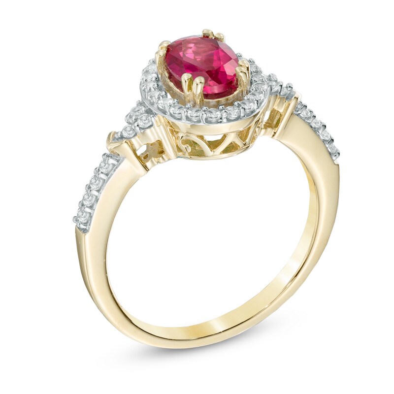 Main Image 2 of Oval Lab-Created Ruby and White Sapphire Frame Ring in 10K Gold