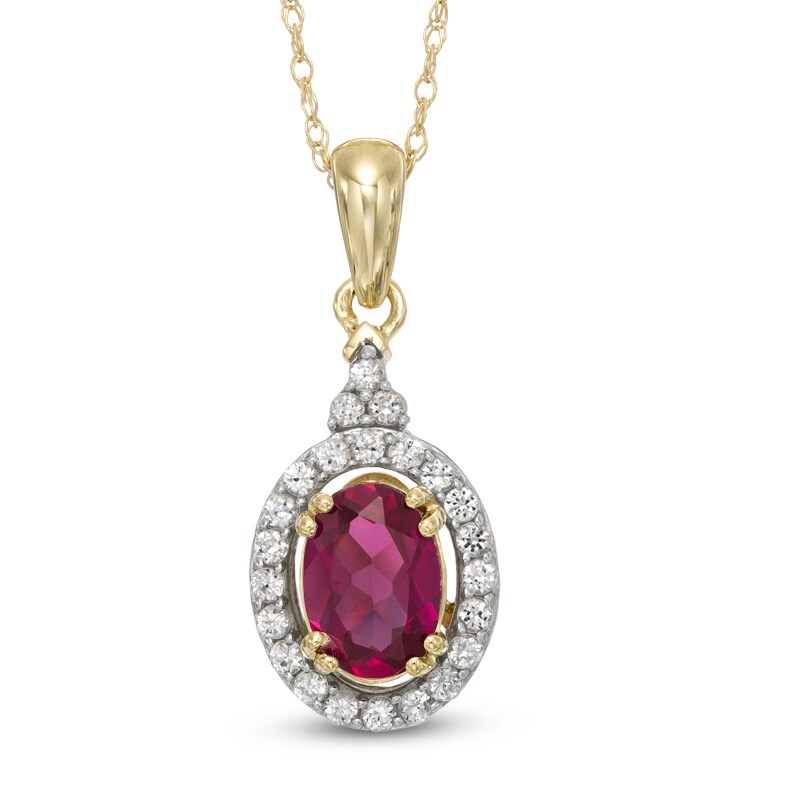 Main Image 1 of Oval Lab-Created Ruby and White Sapphire Frame Pendant in 10K Gold