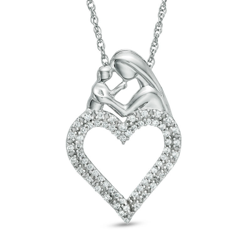 1 4 Ct T W Diamond Motherly Love Double Row Heart Pendant In T W Diamond Motherly Love Double Row Heart Pendant In Sterling Silver