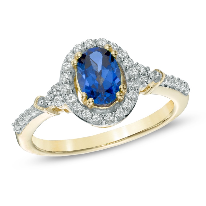 Main Image 1 of Oval Lab-Created Ceylon and White Sapphire Frame Ring in 10K Gold