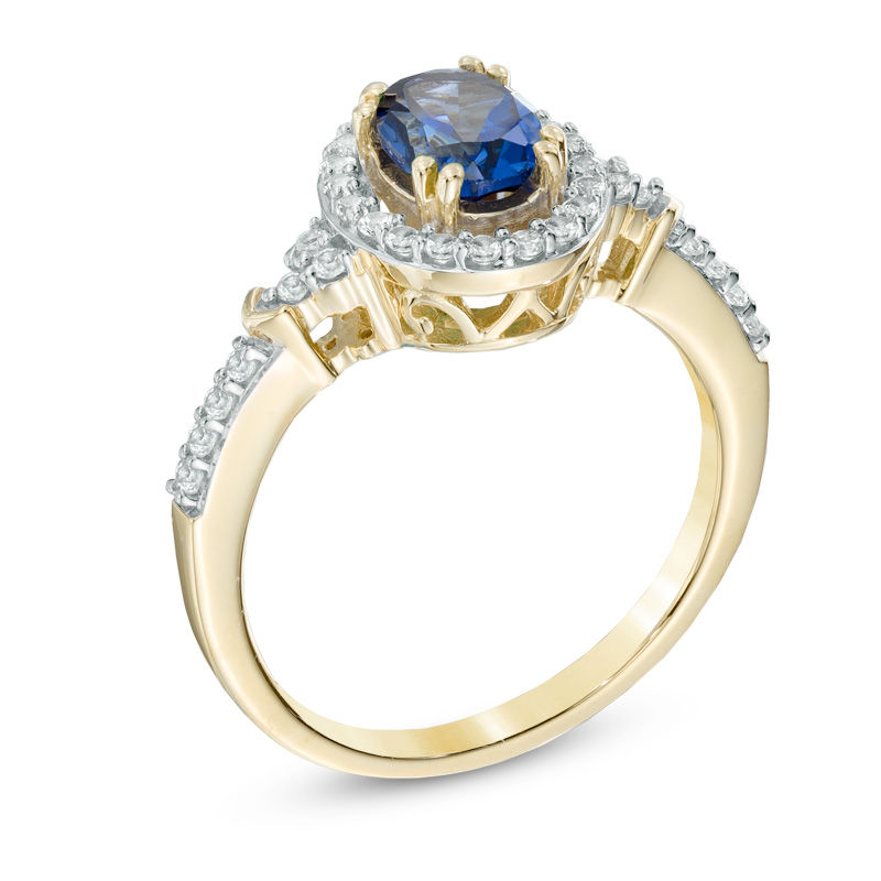 Main Image 2 of Oval Lab-Created Ceylon and White Sapphire Frame Ring in 10K Gold