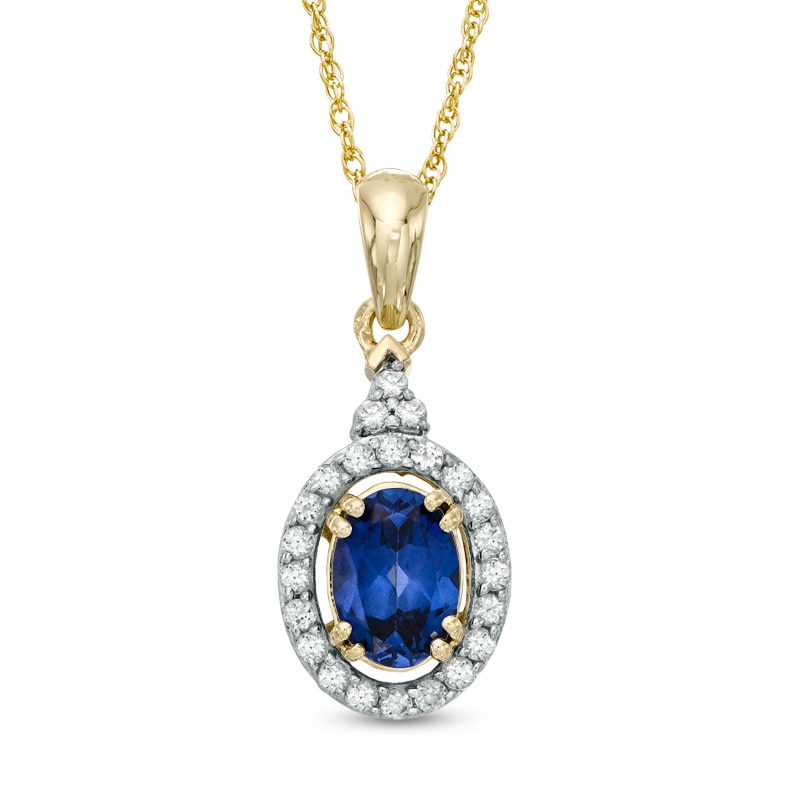 Oval Lab-Created Ceylon and White Sapphire Frame Pendant in 10K Gold