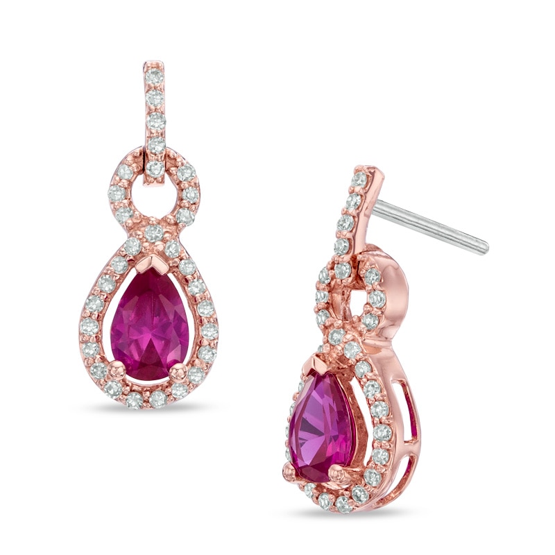 Main Image 1 of Pear-Shaped Lab-Created Ruby and Diamond Accent Frame Loop Earrings in 10K Rose Gold