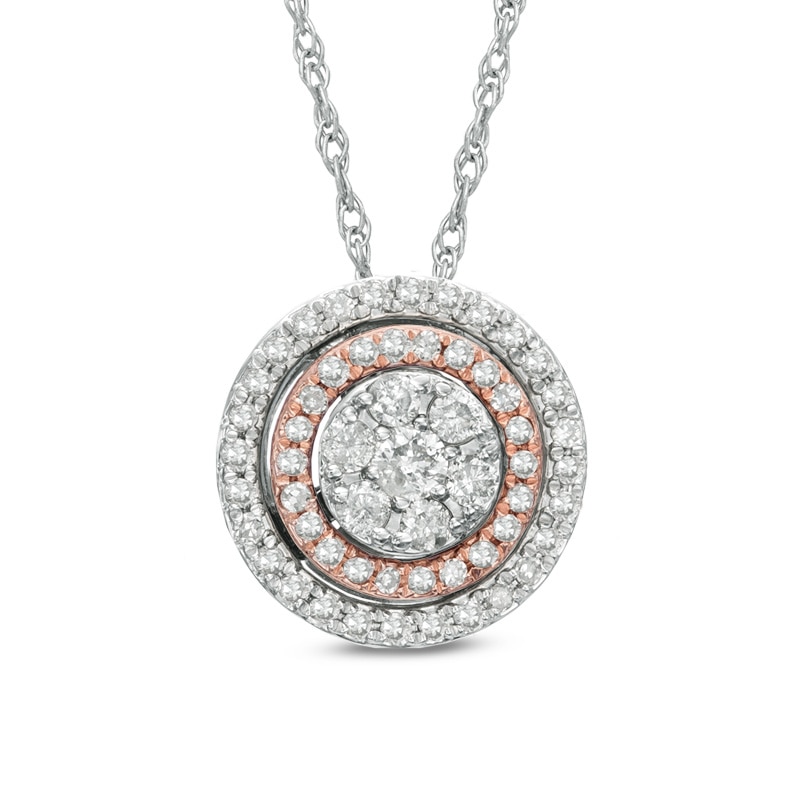 Main Image 1 of 1/4 CT. T.W. Diamond Cluster Double Frame Pendant in 10K Two-Tone Gold