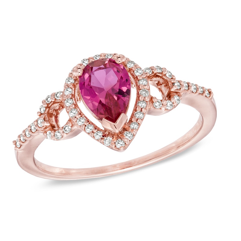 Main Image 1 of Pear-Shaped Lab-Created Ruby and Diamond Accent Frame Loop Ring in 10K Rose Gold