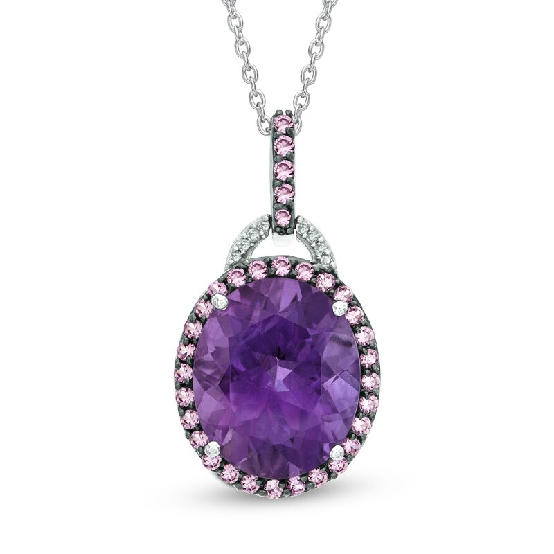 Oval Amethyst, Lab-Created Pink Sapphire and Diamond Accent Frame Buckle Pendant in Sterling Silver