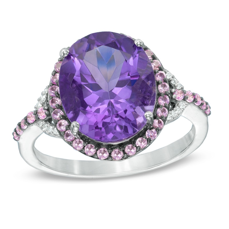 Oval Amethyst, Lab-Created Pink Sapphire and Diamond Accent Frame Buckle Ring in Sterling Silver