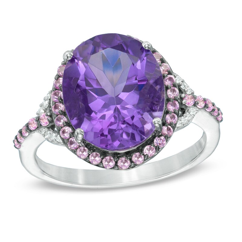 Main Image 1 of Oval Amethyst, Lab-Created Pink Sapphire and Diamond Accent Frame Buckle Ring in Sterling Silver