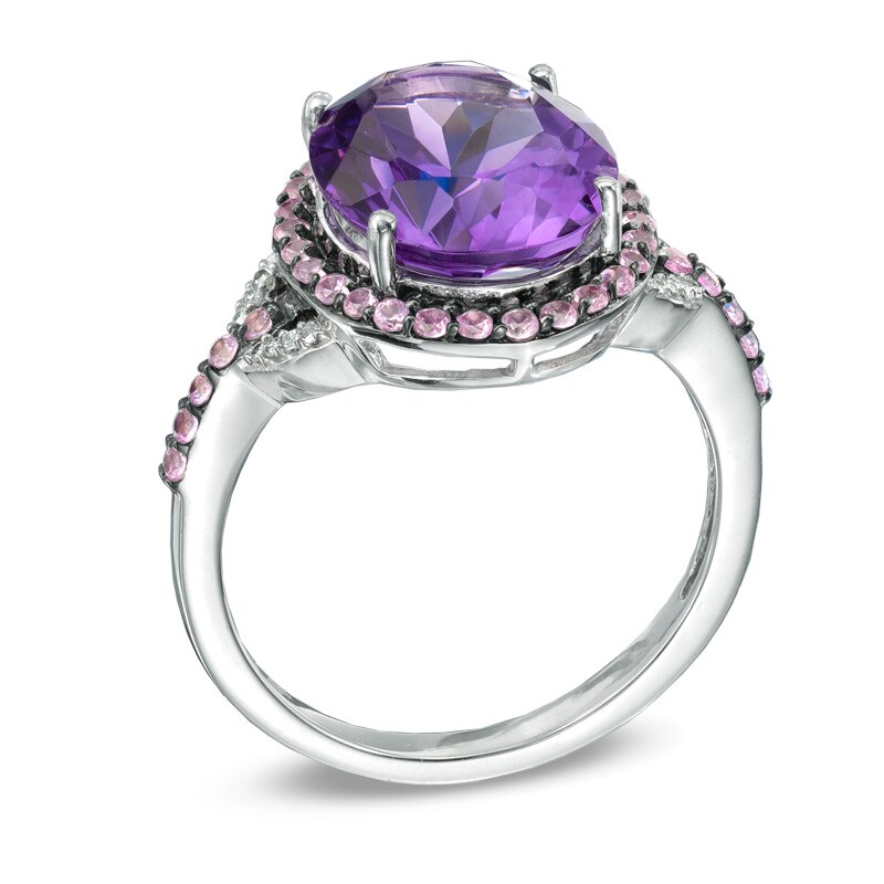 Main Image 2 of Oval Amethyst, Lab-Created Pink Sapphire and Diamond Accent Frame Buckle Ring in Sterling Silver