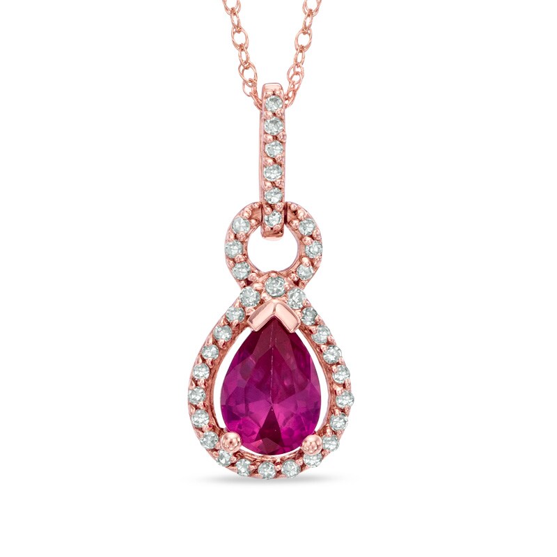 Main Image 1 of Pear-Shaped Lab-Created Ruby and Diamond Loop Pendant in 10K Rose Gold