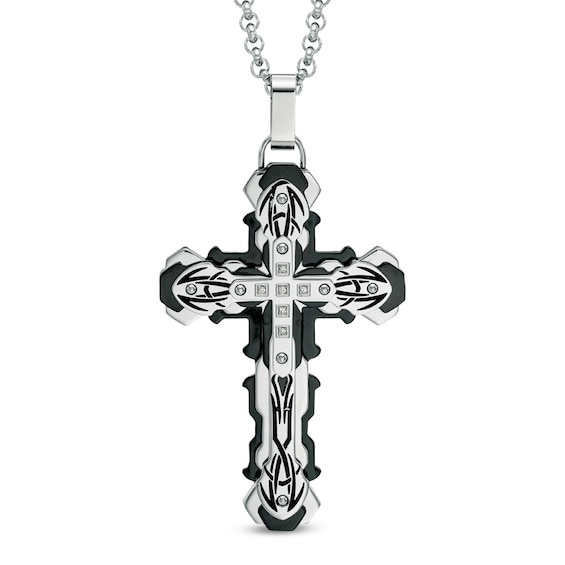 Men's Black Diamond Accent Tribal Cross Pendant in Two-Tone Stainless Steel - 24"