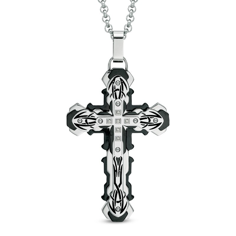 Main Image 1 of Men's Black Diamond Accent Tribal Cross Pendant in Two-Tone Stainless Steel - 24"