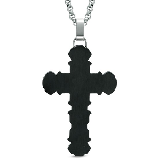Men's Black Diamond Accent Tribal Cross Pendant in Two-Tone Stainless Steel - 24"