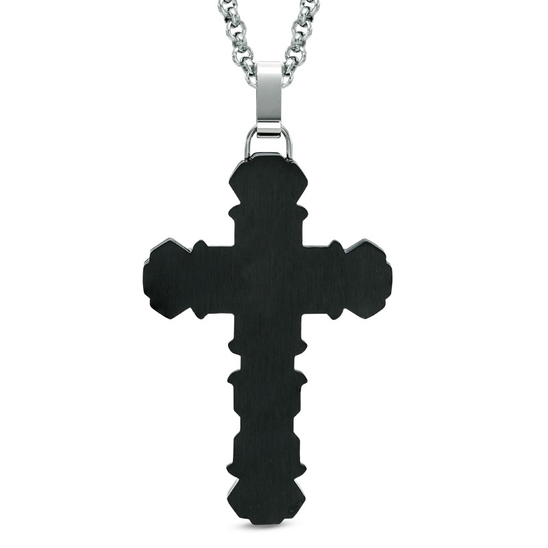 Main Image 2 of Men's Black Diamond Accent Tribal Cross Pendant in Two-Tone Stainless Steel - 24"