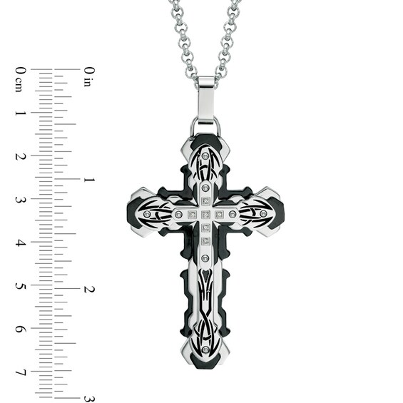 Men's Black Diamond Accent Tribal Cross Pendant in Two-Tone Stainless Steel - 24"