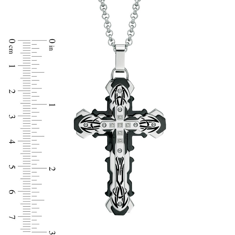 Main Image 3 of Men's Black Diamond Accent Tribal Cross Pendant in Two-Tone Stainless Steel - 24"