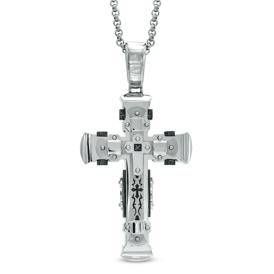 Men's Black Diamond Accent Tribal-Inspired Cross Pendant in Two-Tone Stainless Steel - 24"