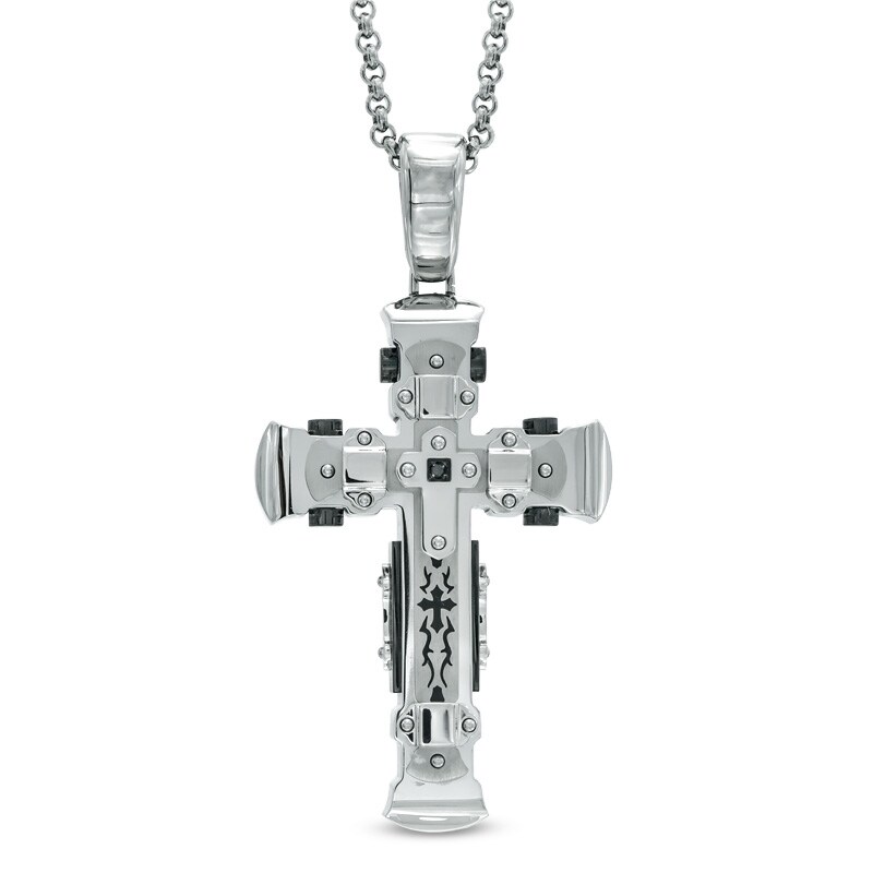 Main Image 1 of Men's Black Diamond Accent Tribal-Inspired Cross Pendant in Two-Tone Stainless Steel - 24"
